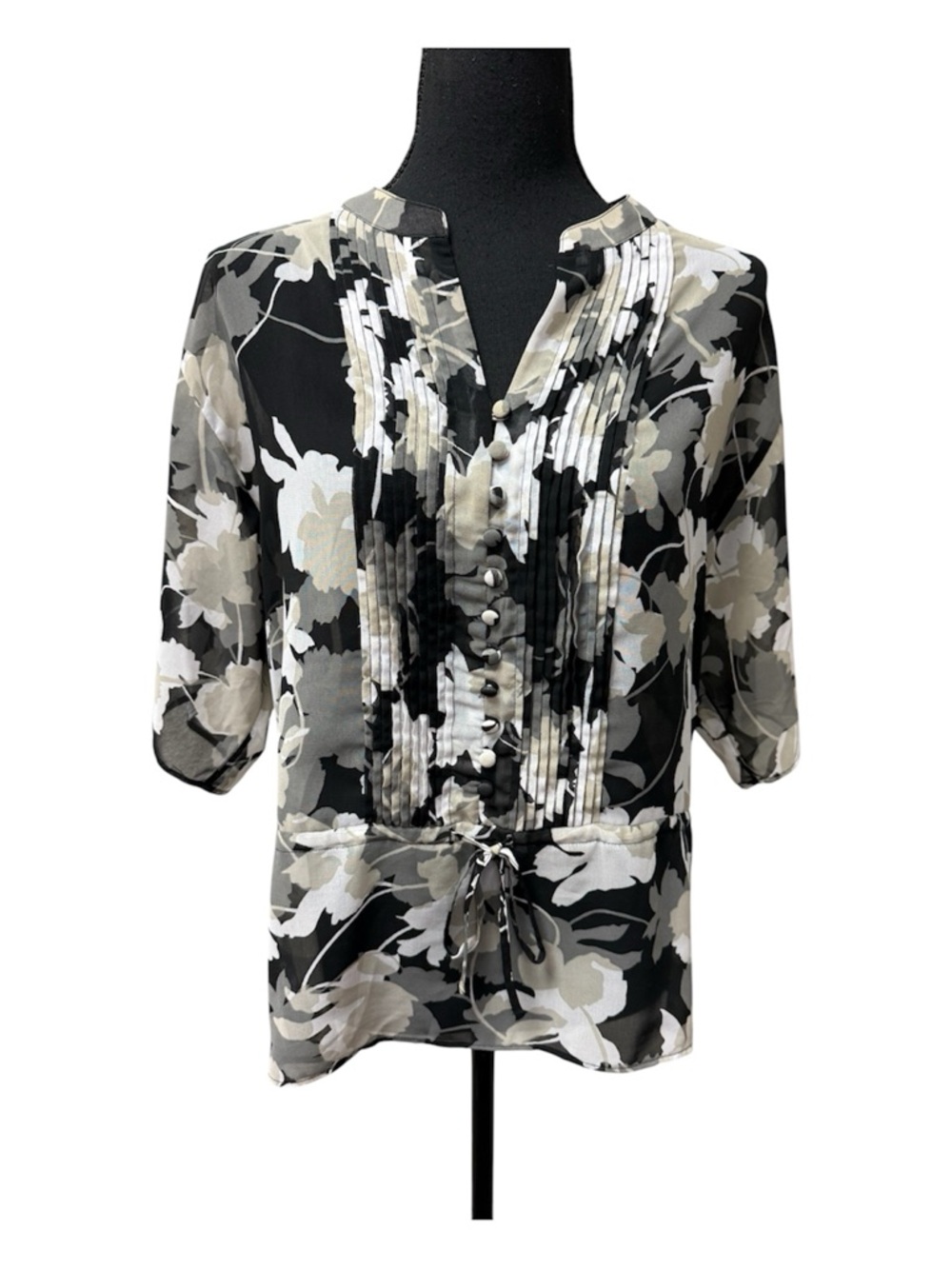 Banana Republic Floral Blouse Small Sheer Pleated Button Boho Tie Waist Top - Picture 1 of 11